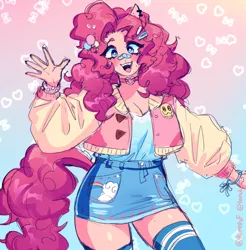 Size: 3742x3800 | Tagged: safe, artist:rumblyf, derpibooru import, pinkie pie, human, bandaid, bandaid on nose, blushing, breasts, cleavage, clothes, eared humanization, gradient background, humanized, image, jacket, jpeg, light skin, looking at you, open mouth, open smile, skirt, smiling, smiling at you, socks, solo, tail, tailed humanization, thigh highs, waving, waving at you