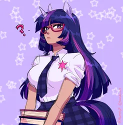 Size: 3742x3800 | Tagged: safe, artist:rumblyf, derpibooru import, twilight sparkle, human, book, breasts, busty twilight sparkle, clothes, eared humanization, female, glasses, horn, horned humanization, humanized, image, jpeg, looking at you, necktie, plaid skirt, purple background, question mark, school uniform, simple background, skirt, solo, starry background, tail, tailed humanization, tan skin