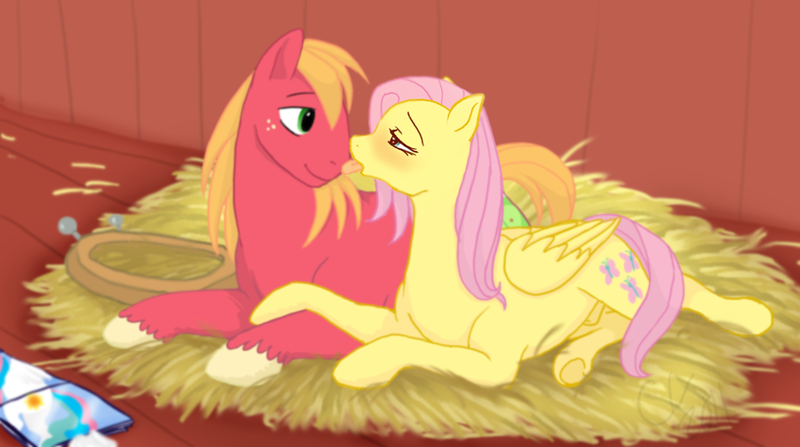 Size: 958x535 | Tagged: questionable, artist:cartoonlion, derpibooru import, edit, big macintosh, fluttershy, pony, balls, buttermac, butterscotch, female, fluttermac, g4, gay, half r63 shipping, image, licking, male, nudity, png, rule 63, sheath, shipping, straight, tongue out