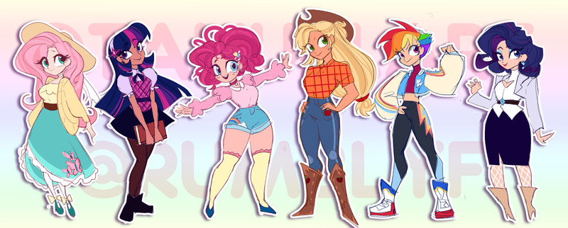 Size: 7464x3000 | Tagged: safe, artist:rumblyf, derpibooru import, applejack, fluttershy, pinkie pie, rainbow dash, rarity, twilight sparkle, human, blackwashing, clothes, denim, female, fishnets, gradient background, hand on hip, hat, humanized, image, jacket, jeans, jpeg, light skin, looking at you, mane six, moderate dark skin, outline, pants, pantyhose, rainbow background, short hair, shorts, skirt, smiling, smiling at you, socks, stockings, sun hat, sweater vest, tan skin, thigh highs, unmoving plaid, white outline