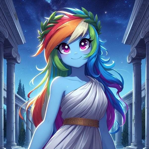 Size: 1024x1024 | Tagged: safe, ai content, derpibooru import, machine learning generated, prompter:tychotma-1, rainbow dash, equestria girls, ancient greece, blushing, clothes, cute, dashabetes, g4, generator:bing image creator, generator:dall-e 3, greek, greek clothes, image, jpeg, laurel wreath, night, smiling, solo, stars, temple, toga, tree, tunic