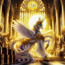 Size: 1024x1024 | Tagged: safe, ai content, derpibooru import, machine learning generated, princess celestia, alicorn, armor, cathedral, clothes, crown, dress, eyes closed, feral, generator:bing image creator, generator:dall-e 3, gold, halo, image, jewelry, jpeg, regalia, smiling, solo, stained glass