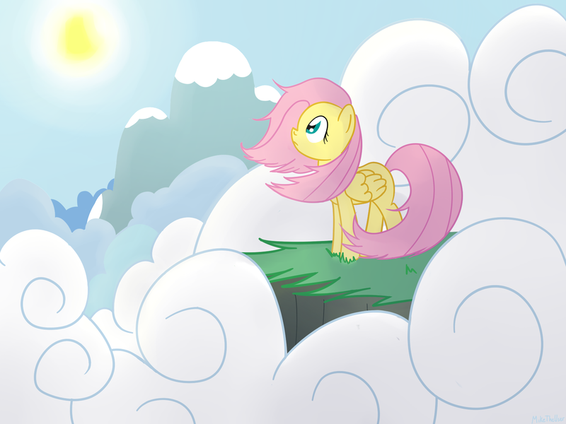 Size: 1600x1200 | Tagged: safe, artist:miketheuser, derpibooru import, fluttershy, pegasus, cliff, cloud, g4, image, png, solo, sun