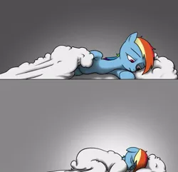 Size: 767x739 | Tagged: safe, artist:thestoicmachine, derpibooru import, rainbow dash, pony, alone, bed, cloud bed, eyes closed, female, g4, gray background, image, jpeg, lonely, on bed, sad, simple background, solo