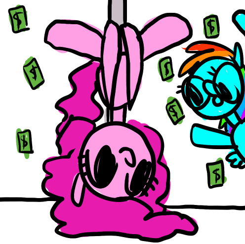 Size: 496x494 | Tagged: artist needed, suggestive, derpibooru import, pinkie pie, rainbow dash, earth pony, pegasus, pony, drawing, g4, image, money, png, pole dancing, stripper pole, upside down