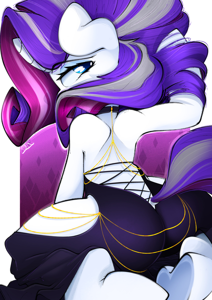 Size: 2894x4093 | Tagged: suggestive, artist:ahekao, derpibooru import, rarity, anthro, unicorn, black dress, clothes, dress, g4, horn, image, jpeg, looking at you, looking back, older, older rarity, sexy, solo
