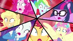 Size: 1280x720 | Tagged: safe, derpibooru import, screencap, applejack, fluttershy, pinkie pie, rainbow dash, rarity, sci-twi, sunset shimmer, twilight sparkle, human, cheer you on, equestria girls, equestria girls series, spoiler:eqg series (season 2), applejack's hat, cowboy hat, female, females only, g4, hat, horrified, humane five, humane seven, humane six, image, png