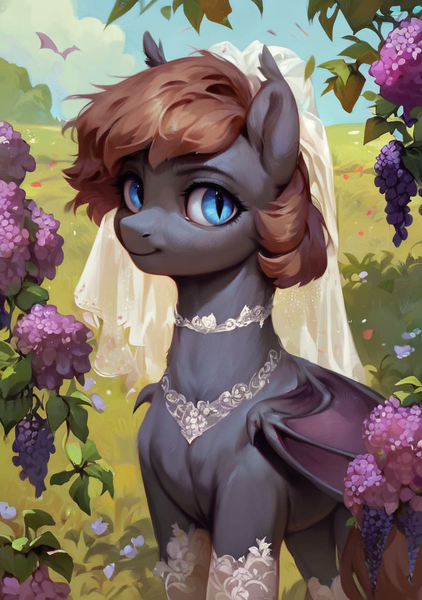 Size: 720x1024 | Tagged: safe, ai content, alternate version, derpibooru import, machine learning generated, prompter:radioglitch, stable diffusion, oc, unofficial characters only, bat pony, clothes, dress, generator:pony diffusion v6 xl, image, png, wedding dress
