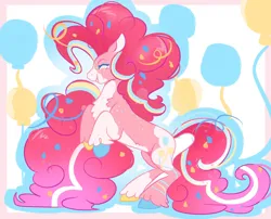 Size: 2000x1619 | Tagged: safe, artist:jezebel_remedy, derpibooru import, pinkie pie, earth pony, pony, alternate design, balloon, big hair, coat markings, colored hooves, confetti, eyes closed, female, g4, image, mare, passepartout, png, rearing, simple background, smiling, solo, standing on two hooves, twitterina design, unshorn fetlocks, white background
