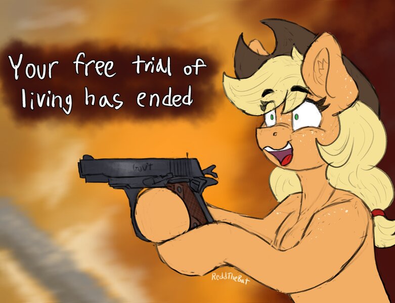 Size: 2500x1920 | Tagged: safe, artist:reddthebat, derpibooru import, applejack, earth pony, pony, bust, cowboy hat, crazy smile, dialogue, ear fluff, eye clipping through hair, eyebrows, eyebrows visible through hair, female, freckles, g4, gun, handgun, hat, hoof hold, image, jpeg, mare, open mouth, open smile, pistol, shoulder freckles, smiling, solo, stetson, weapon