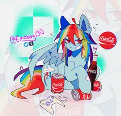 Size: 1244x1195 | Tagged: safe, artist:emoboy130, derpibooru import, rainbow dash, pegasus, pony, :3, abstract background, ahoge, bandaid, big ears, bottle, checkered, coca-cola, coke, colored pinnae, controller, drink, ear fluff, ear piercing, earring, emanata, eye clipping through hair, eyebrows, eyebrows visible through hair, female, g4, image, jewelry, jpeg, looking away, mare, partially open wings, piercing, product placement, signature, smiling, soda, soda bottle, soda can, solo, wingding eyes, wings, zoom layer