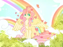 Size: 4000x3000 | Tagged: safe, artist:jezebel_remedy, derpibooru import, fluttershy, butterfly, insect, pegasus, pony, :<, alternate hairstyle, cloud, coat markings, colored wings, female, floppy ears, flower, flower in hair, g4, grass, heart, high res, image, mare, png, rainbow, sitting, sky, solo, spread wings, two toned wings, wings