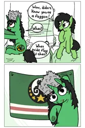 Size: 1000x1500 | Tagged: safe, artist:hach, oc, oc:anonfilly, oc:terek flow, ponified, unofficial characters only, earth pony, pony, unicorn, 2 panel comic, :i, chechen republic of ichkeria, chechnya, comic, dialogue, duo, faggot, female, flag, frog (hoof), hat, hoof on chin, image, looking back, mare, meme, nation ponies, national flag, open smile, papakha, png, raised hoof, sitting, speech bubble, underhoof, vulgar, what pride flag is that?