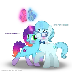 Size: 3600x3600 | Tagged: safe, artist:ramixe dash, derpibooru import, hitch trailblazer, sunny starscout, oc, oc:crystal heart g5, earth pony, pony, unicorn, g5, blushing, female, g4, g5 to g4, generation leap, glow, glowing horn, horn, image, looking back, male, mare, misty brightdawn, png, shadow, simple background, stallion, subtitles, text, toy, transparent background