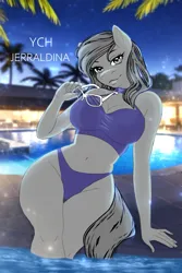 Size: 803x1200 | Tagged: suggestive, artist:jerraldina, derpibooru import, anthro, pony, clothes, commission, female, glasses, image, jpeg, night, swimming pool, swimsuit, your character here