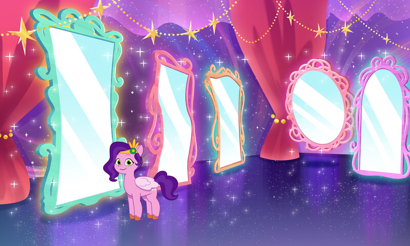 Size: 3840x2310 | Tagged: safe, derpibooru import, official, pipp petals, pegasus, pony, g5, my little pony: tell your tale, spoiler:g5, spoiler:my little pony: tell your tale, spoiler:tyts02e11, 2d, background, concept art, curtains, female, garland, image, jpeg, looking at you, mare, mirror, production art, shiny, smiling, smiling at you, solo, sparkles, standing, stars