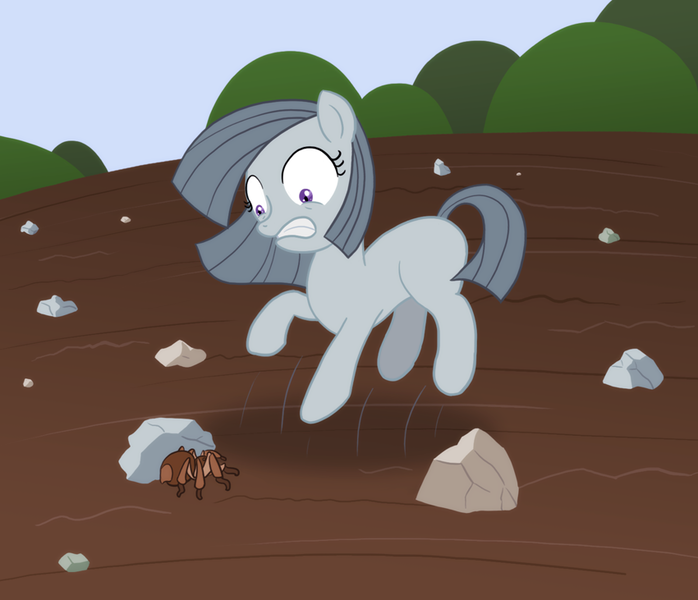 Size: 850x731 | Tagged: safe, artist:atlur, banned from derpibooru, deleted from derpibooru, marble pie, earth pony, pony, spider, arachnophobia, female, image, png, rock, rock farm, solo