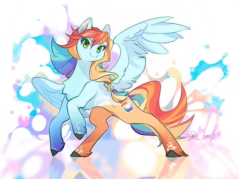 Size: 1440x1079 | Tagged: safe, artist:pebberg, derpibooru import, oc, unofficial characters only, pegasus, pony, abstract background, braid, chest fluff, female, image, jpeg, magical lesbian spawn, mare, next generation, offspring, parent:applejack, parent:rainbow dash, parents:appledash, solo, unshorn fetlocks