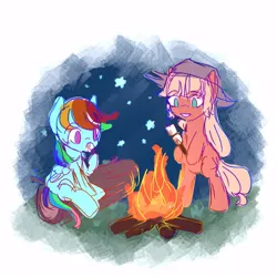 Size: 1000x1000 | Tagged: safe, artist:snowzaaah, derpibooru import, applejack, rainbow dash, earth pony, pegasus, pony, appledash, campfire, duo, eating, female, food, image, jpeg, lesbian, mare, marshmallow, night, shipping, sitting, stars