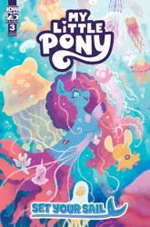 Size: 2063x3131 | Tagged: safe, artist:justasuta, derpibooru import, idw, fish, jellyfish, merpony, pony, sea pony, seapony (g4), unicorn, g5, spoiler:comic, spoiler:g5comic, beautiful, bubble, cloven hooves, comic, comic cover, coral, crepuscular rays, curly mane, curly tail, cute, female, fish tail, flowing mane, flowing tail, freckles, happy, horn, image, jewelry, jpeg, logo, mare, misty brightdawn, necklace, ocean, open mouth, open smile, scales, seaponified, seapony misty brightdawn, seaweed, set your sail, smiling, species swap, sunlight, swimming, tail, underwater, unshorn fetlocks, water