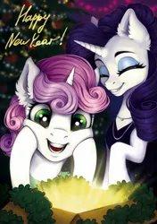 Size: 1444x2048 | Tagged: safe, artist:rozmed, derpibooru import, rarity, sweetie belle, pony, unicorn, christmas, christmas tree, clothes, dress, duo, ear fluff, female, happy new year, holiday, horn, image, jewelry, jpeg, mare, necklace, present, tree