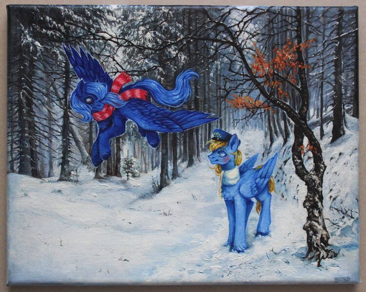 Size: 2048x1638 | Tagged: safe, artist:rozmed, derpibooru import, oc, unofficial characters only, pegasus, pony, cap, clothes, duo, female, forest, hat, image, jpeg, male, mare, nature, oil painting, painting, scarf, snow, stallion, traditional art, tree, winter