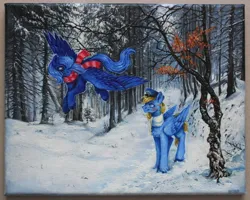 Size: 2048x1638 | Tagged: safe, artist:rozmed, derpibooru import, oc, unofficial characters only, pegasus, pony, cap, clothes, duo, female, forest, hat, image, jpeg, male, mare, nature, oil painting, painting, scarf, snow, stallion, traditional art, tree, winter