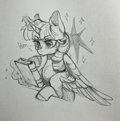 Size: 2026x2048 | Tagged: safe, artist:rozmed, derpibooru import, twilight sparkle, twilight sparkle (alicorn), alicorn, pony, black and white, book, dialogue, female, grayscale, image, jpeg, magic, mare, monochrome, solo, telekinesis, traditional art