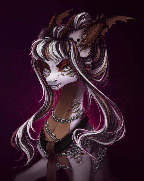 Size: 1633x2048 | Tagged: safe, artist:rozmed, derpibooru import, oc, unofficial characters only, original species, pony, abstract background, chains, chest fluff, commission, ear fluff, ear piercing, earring, fangs, female, image, jewelry, jpeg, mare, multiple eyes, piercing, solo, wing ears, wings