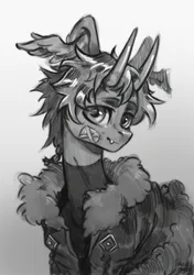 Size: 1442x2048 | Tagged: safe, artist:rozmed, derpibooru import, oc, unofficial characters only, original species, pony, bandage, black and white, clothes, commission, fangs, gradient background, grayscale, horns, image, jacket, jpeg, male, monochrome, sketch, solo, stallion, wing ears, wings