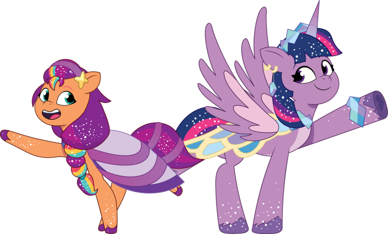 Size: 2832x1711 | Tagged: safe, artist:prixy05, derpibooru import, sunny starscout, twilight sparkle, twilight sparkle (alicorn), alicorn, earth pony, pony, g5, my little pony: tell your tale, clothes, clothes swap, crystal ball (episode), dress, duo, duo female, female, g4, g4 to g5, generation leap, image, mane stripe sunny, mare, png, simple background, sunny and her heroine, transparent background, vector