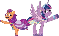 Size: 2832x1711 | Tagged: safe, artist:prixy05, derpibooru import, sunny starscout, twilight sparkle, twilight sparkle (alicorn), alicorn, earth pony, pony, g5, my little pony: tell your tale, clothes, clothes swap, crystal ball (episode), dress, duo, duo female, female, g4, g4 to g5, generation leap, image, mane stripe sunny, mare, png, simple background, sunny and her heroine, transparent background, vector