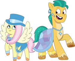 Size: 1909x1567 | Tagged: safe, artist:prixy05, derpibooru import, fluttershy, hitch trailblazer, earth pony, pegasus, pony, g5, my little pony: tell your tale, clothes swap, crossdressing, crystal ball (episode), duo, duo male and female, female, g4, g4 to g5, generation leap, hat, hitch and his 2nd heroine, image, male, mare, png, simple background, stallion, top hat, transparent background, vector
