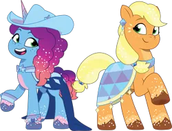 Size: 2033x1553 | Tagged: safe, artist:prixy05, derpibooru import, applejack, earth pony, pony, unicorn, g5, my little pony: tell your tale, applejack's hat, clothes, clothes swap, cowboy hat, crystal ball (episode), dress, duo, duo female, female, g4, g4 to g5, generation leap, hat, horn, image, mare, misty and her second heroine, misty brightdawn, png, rebirth misty, simple background, transparent background, vector