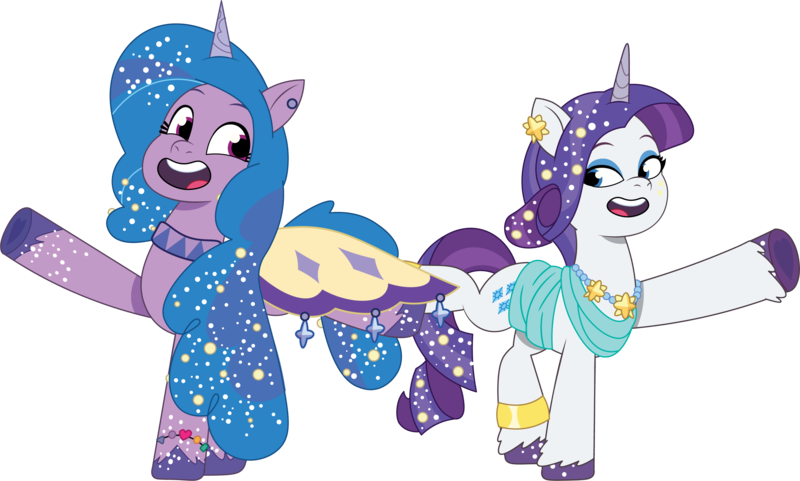 Size: 2739x1648 | Tagged: safe, artist:prixy05, derpibooru import, izzy moonbow, rarity, pony, unicorn, g5, my little pony: tell your tale, clothes, clothes swap, crystal ball (episode), dress, duo, duo female, female, g4, g4 to g5, generation leap, horn, image, izzy and her second heroine, mare, png, simple background, transparent background, vector