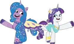 Size: 2739x1648 | Tagged: safe, artist:prixy05, derpibooru import, izzy moonbow, rarity, pony, unicorn, g5, my little pony: tell your tale, clothes, clothes swap, crystal ball (episode), dress, duo, duo female, female, g4, g4 to g5, generation leap, horn, image, izzy and her second heroine, mare, png, simple background, transparent background, vector