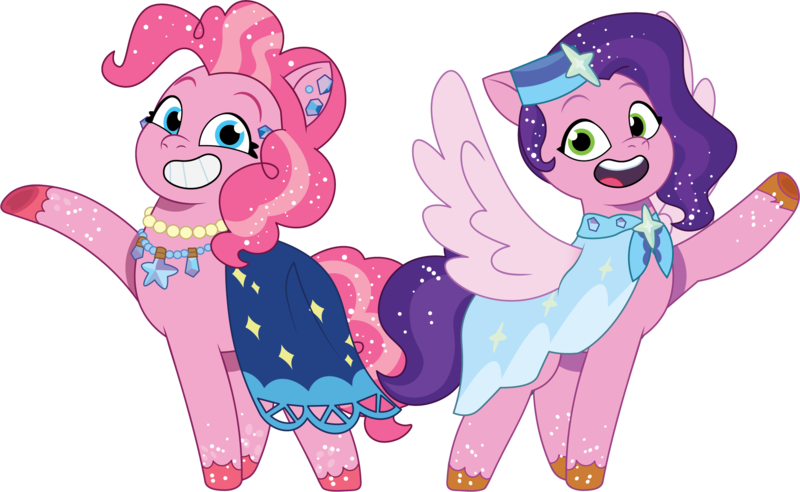 Size: 2127x1307 | Tagged: safe, artist:prixy05, derpibooru import, pinkie pie, pipp petals, earth pony, pegasus, pony, g5, my little pony: tell your tale, clothes, clothes swap, crystal ball (episode), dress, duo, duo female, female, g4, g4 to g5, generation leap, image, mare, pipp and her second heroine, png, simple background, transparent background, vector