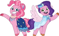 Size: 2127x1307 | Tagged: safe, artist:prixy05, derpibooru import, pinkie pie, pipp petals, earth pony, pegasus, pony, g5, my little pony: tell your tale, clothes, clothes swap, crystal ball (episode), dress, duo, duo female, female, g4, g4 to g5, generation leap, image, mare, pipp and her second heroine, png, simple background, transparent background, vector