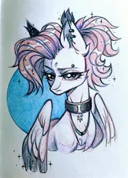 Size: 1475x2048 | Tagged: safe, artist:rozmed, derpibooru import, oc, unofficial characters only, bat pony, pony, abstract background, choker, ear piercing, earring, eyebrow piercing, female, image, jewelry, jpeg, mare, necklace, piercing, solo, traditional art