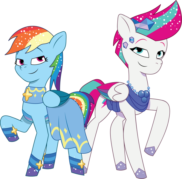 Size: 1649x1624 | Tagged: safe, artist:prixy05, derpibooru import, rainbow dash, zipp storm, pegasus, pony, g5, my little pony: tell your tale, clothes, clothes swap, crystal ball (episode), dress, duo, duo female, female, g4, g4 to g5, generation leap, image, mare, png, simple background, transparent background, vector, zipp and her heroine