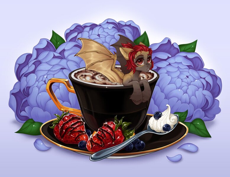 Size: 2048x1579 | Tagged: safe, artist:rozmed, derpibooru import, oc, unofficial characters only, bat pony, pony, blueberry, coffee, cream, cup, female, flower, food, gradient background, image, jpeg, mare, micro, smol, solo, strawberry, teacup, unshorn fetlocks
