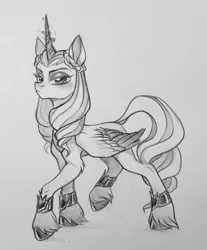 Size: 1601x1929 | Tagged: safe, artist:rozmed, derpibooru import, alicorn, pony, g5, black and white, braid, female, glow, glowing horn, grayscale, horn, image, jpeg, mare, monochrome, opaline arcana, solo, traditional art