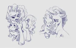 Size: 2001x1264 | Tagged: safe, artist:rozmed, derpibooru import, sparky sparkeroni, dragon, pony, unicorn, g5, female, freckles, horn, image, jpeg, male, mare, misty brightdawn, simple background, traditional art, white background