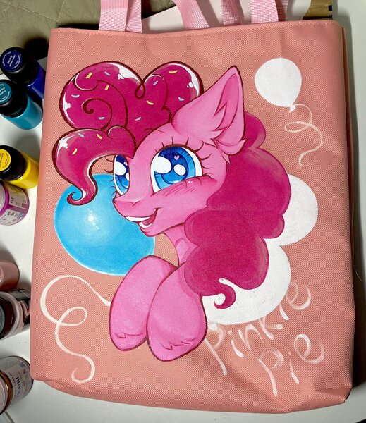 Size: 1772x2048 | Tagged: safe, artist:rozmed, derpibooru import, pinkie pie, earth pony, pony, bag, balloon, blushing, female, image, jpeg, mare, solo, traditional art