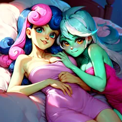 Size: 3000x3000 | Tagged: suggestive, ai content, anonymous prompter, derpibooru import, machine learning generated, stable diffusion, bon bon, lyra heartstrings, sweetie drops, human, equestria girls, ass, breasts, butt, cleavage, g4, generator:pony diffusion v6 xl, image, jpeg, looking at you, towel