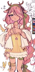 Size: 440x907 | Tagged: safe, artist:setomie, derpibooru import, fluttershy, human, pony, antlers, clothes, deer ears, dress, female, flower, flower in hair, freckles, humanized, image, jewelry, jpeg, mare, necklace, solo, wip