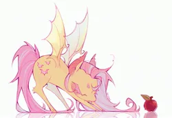 Size: 3301x2252 | Tagged: safe, artist:setomie, derpibooru import, fluttershy, bat pony, pony, apple, bat ponified, bowing, face down ass up, fangs, female, flutterbat, food, image, jpeg, mare, race swap, simple background, solo, transparent wings, white background, wings
