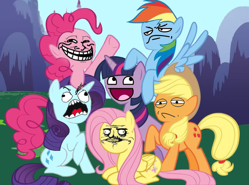 Size: 813x606 | Tagged: safe, derpibooru import, applejack, fluttershy, pinkie pie, rainbow dash, rarity, twilight sparkle, earth pony, pegasus, pony, unicorn, artifact, awesome face, challenge accepted, epic face, female, fuck yeah, horn, image, mane six, mane six opening poses, mare, me gusta, meme, meme face, png, rage face, trollface, unicorn twilight