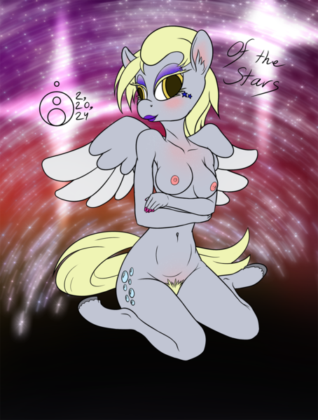 Size: 1134x1500 | Tagged: questionable, alternate version, artist:sepiakeys, derpibooru import, derpy hooves, anthro, pegasus, unguligrade anthro, abstract background, arm under breasts, belly button, breasts, eyeshadow, female, g4, image, kneeling, lipstick, makeup, nail polish, nipples, nude version, nudity, png, pubic hair, solo, solo female, spread wings, wings