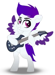 Size: 2678x3600 | Tagged: safe, artist:ramixe dash, derpibooru import, oc, oc:ramixe dash, unofficial characters only, pegasus, pony, g5, base used, bipedal, colored wings, electric guitar, g4, g5 to g4, generation leap, guitar, image, logo, looking right, magenta eyes, male, musical instrument, png, purple hair, shadow, simple background, solo, stallion, text, transparent background, wings